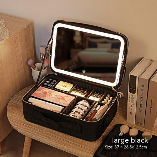 Illuminated Makeup Case With Reflective Surface And Beauty Organizer
