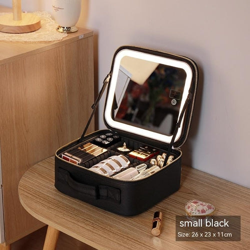 Illuminated Makeup Case With Reflective Surface And Beauty Organizer