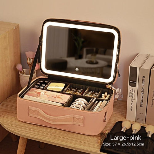 Illuminated Makeup Case With Reflective Surface And Beauty Organizer