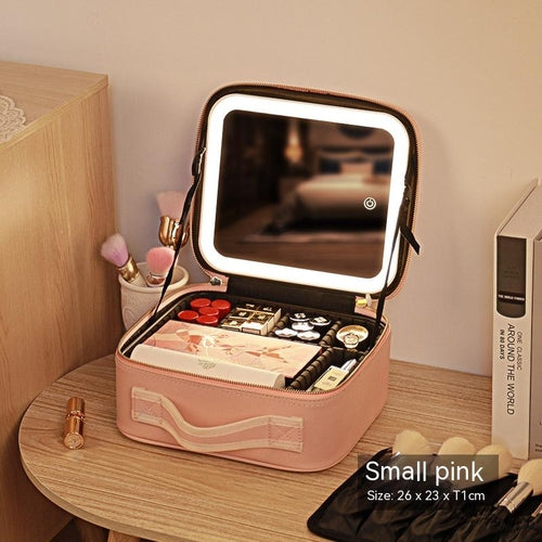 Illuminated Makeup Case With Reflective Surface And Beauty Organizer