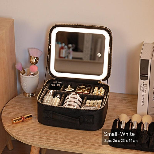 Illuminated Makeup Case With Reflective Surface And Beauty Organizer