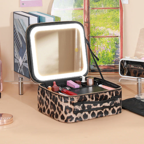 Illuminated Makeup Case With Reflective Surface And Beauty Organizer