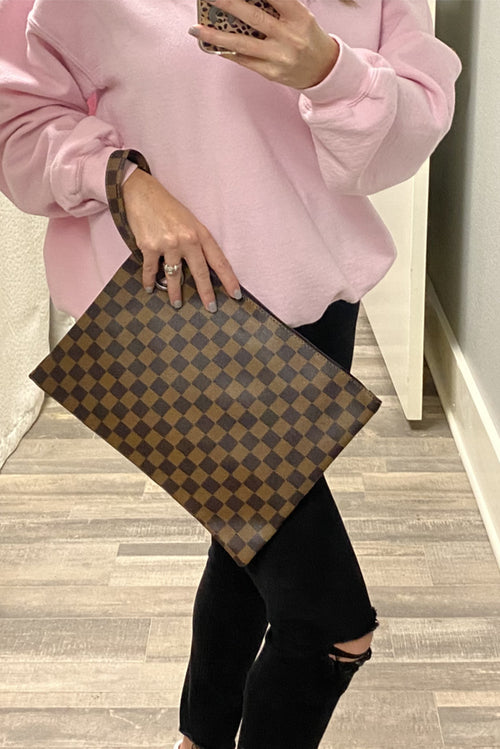 Brown Checkered Print Clutch