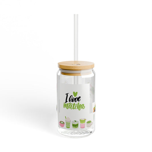 Sipper Glass, 16oz - I Love Matcha, Cute Drinkware for Tea Lovers, Perfect for Gifts, Eco-friendly Travel Mug, Stylish Beverage Container