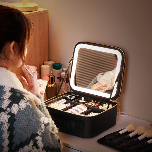 Illuminated Makeup Case With Reflective Surface And Beauty Organizer