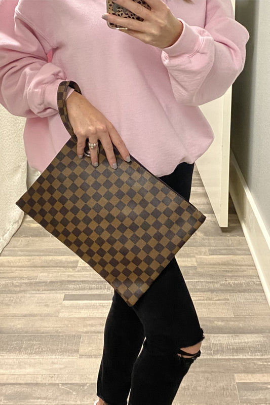 Brown Checkered Print Clutch