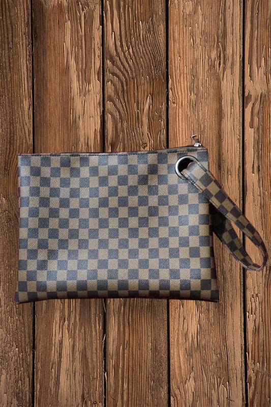 Brown Checkered Print Clutch